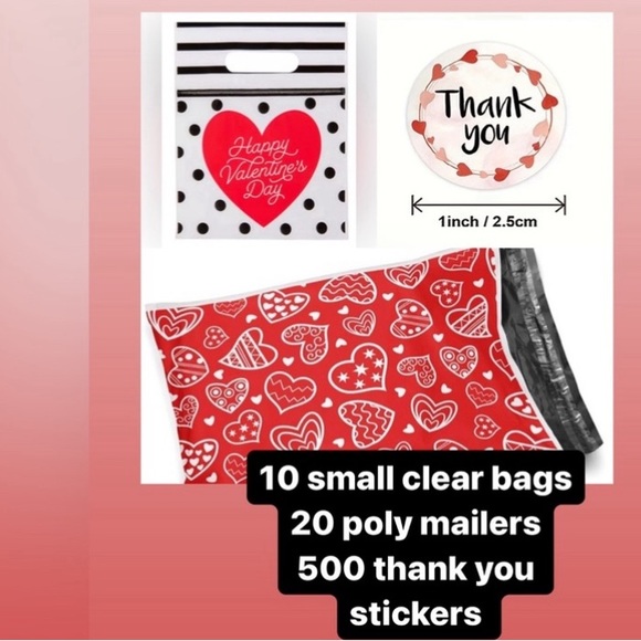 20 10X13 poly mailers, 10small clear bags & 500 thank you stickers